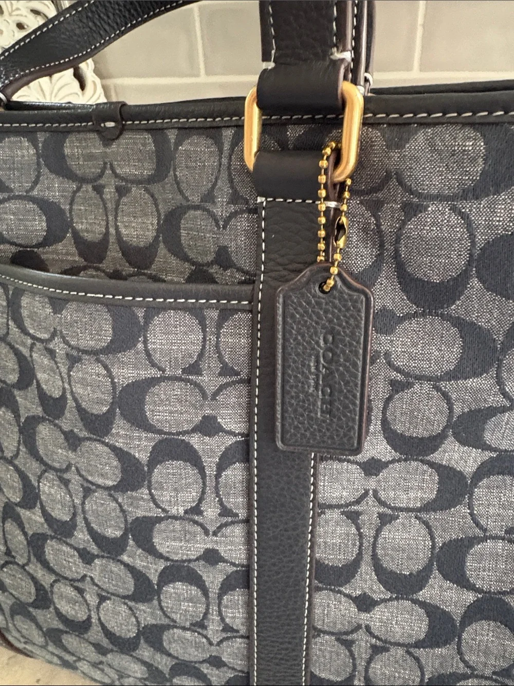 Coach Hudson Double Handle Tote Chambray Denim Leather Tote CH827